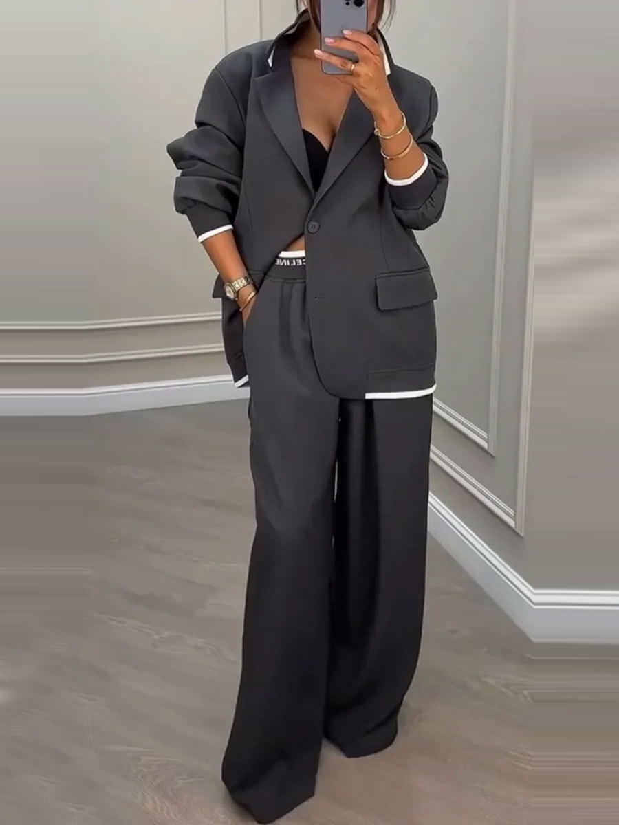 Elegant long-sleeve blazer and wide-leg pants suit set