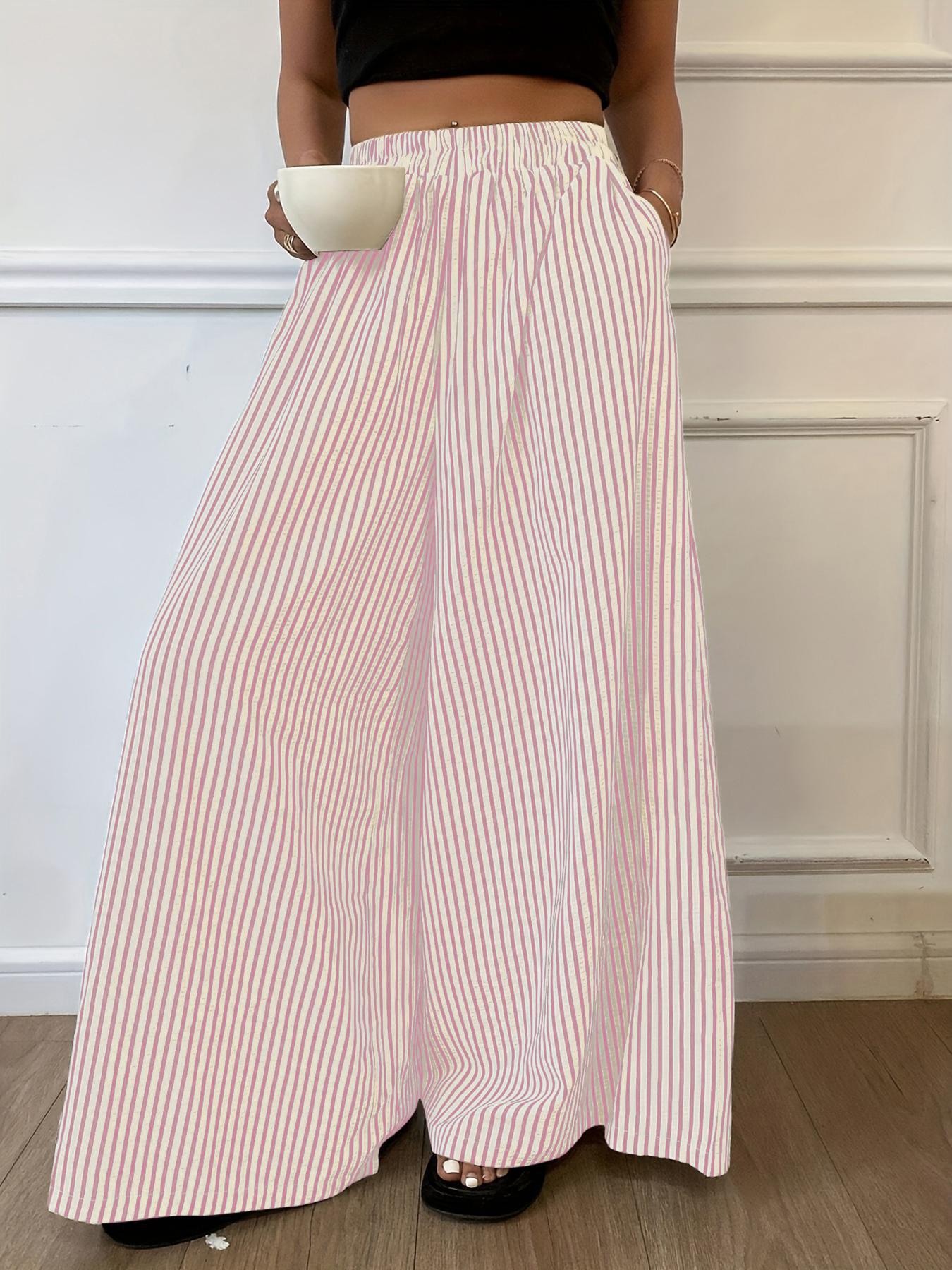 Striped elastic waist straight wide-leg pants