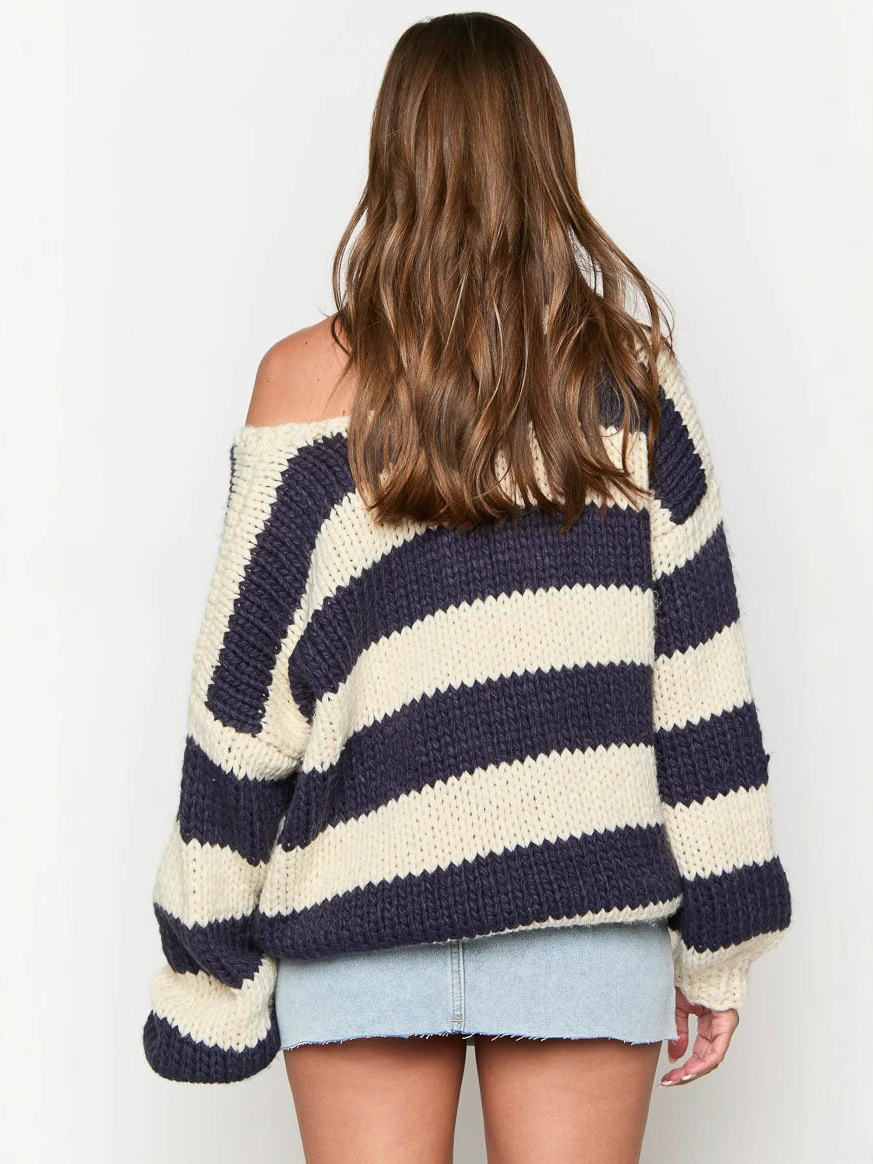 Casual Loose Off-Shoulder Striped Knit Sweater