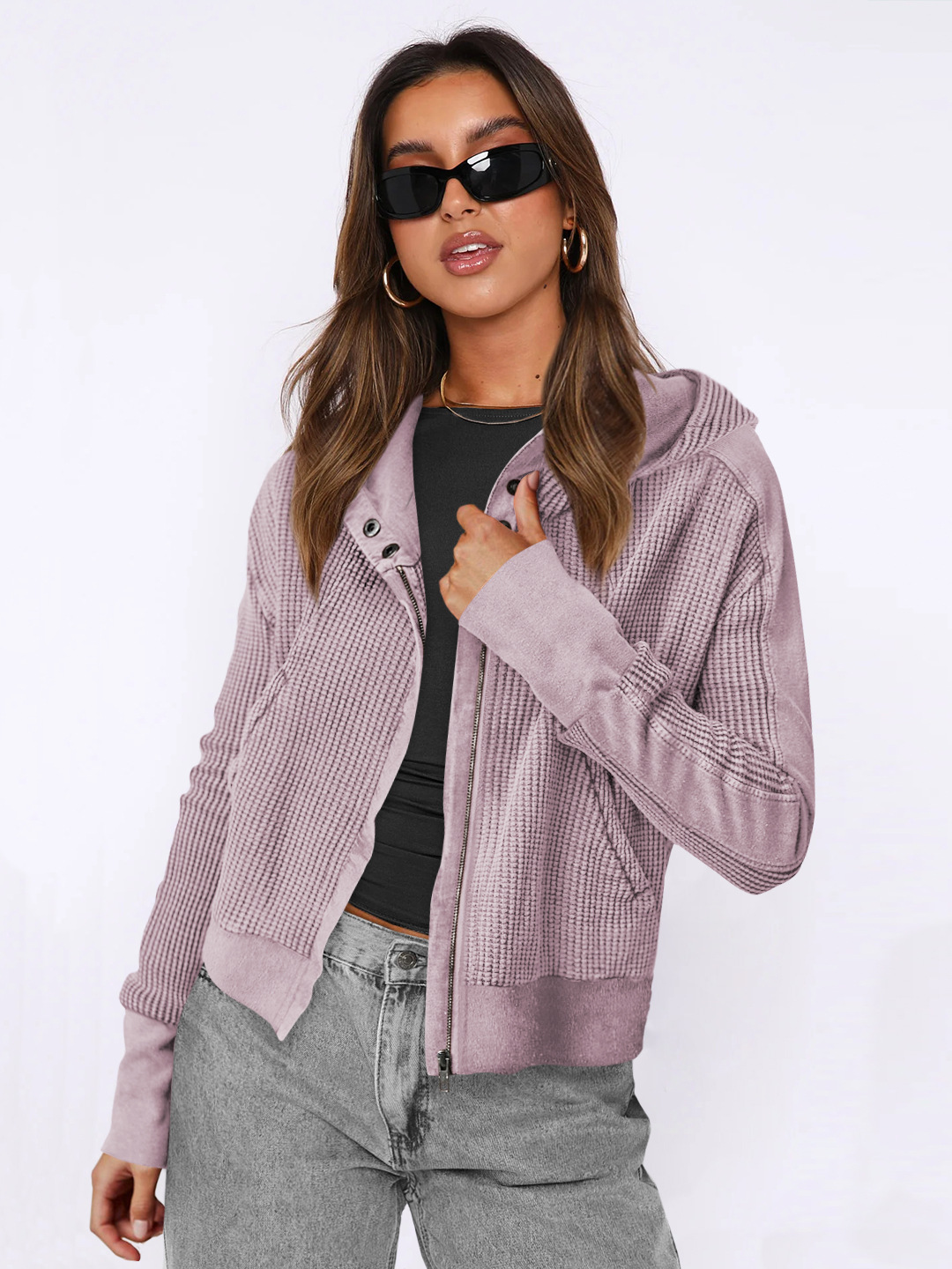 Paneled zip-up cropped hoodie with relaxed fit
