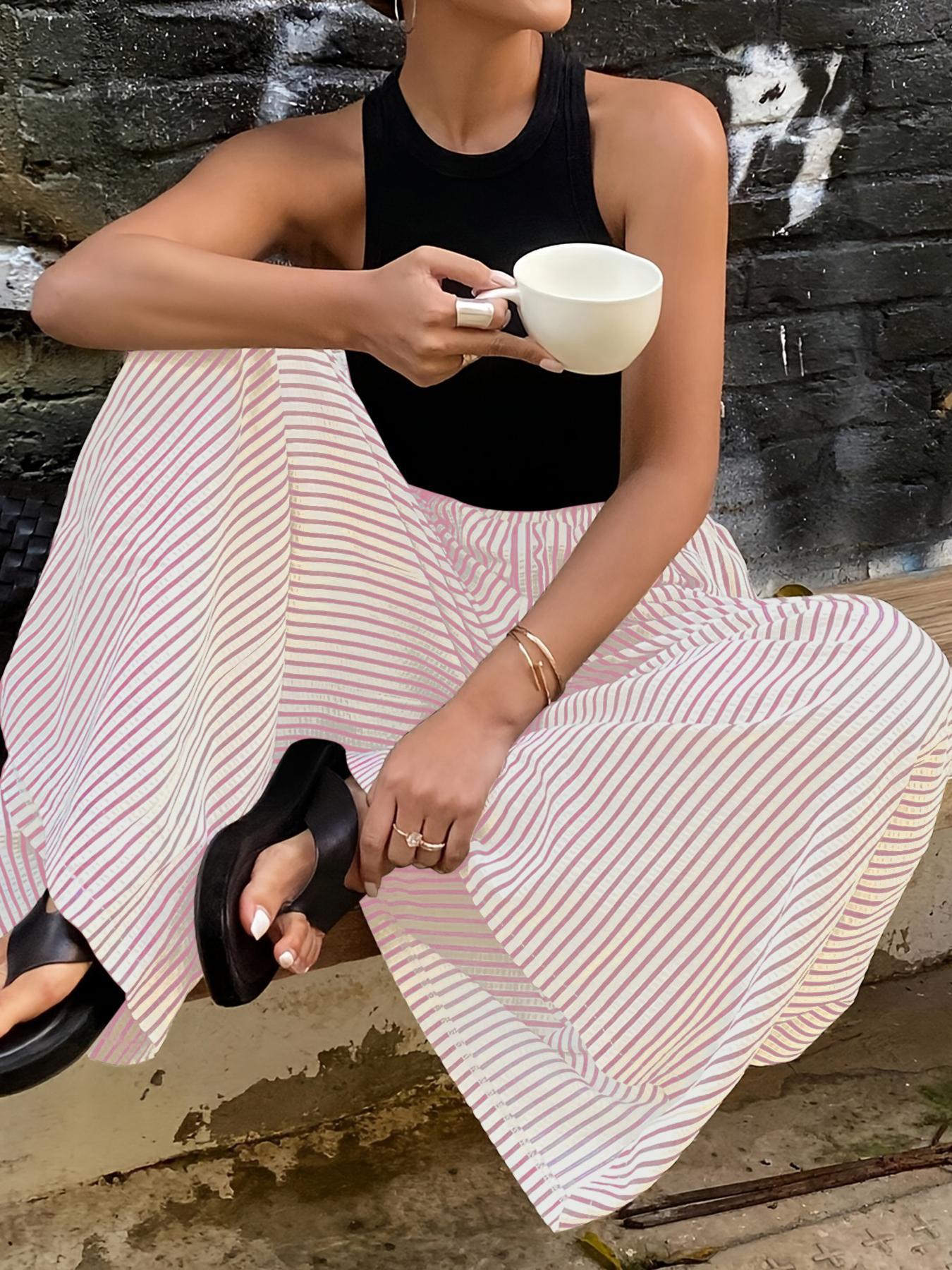 Striped elastic waist straight wide-leg pants