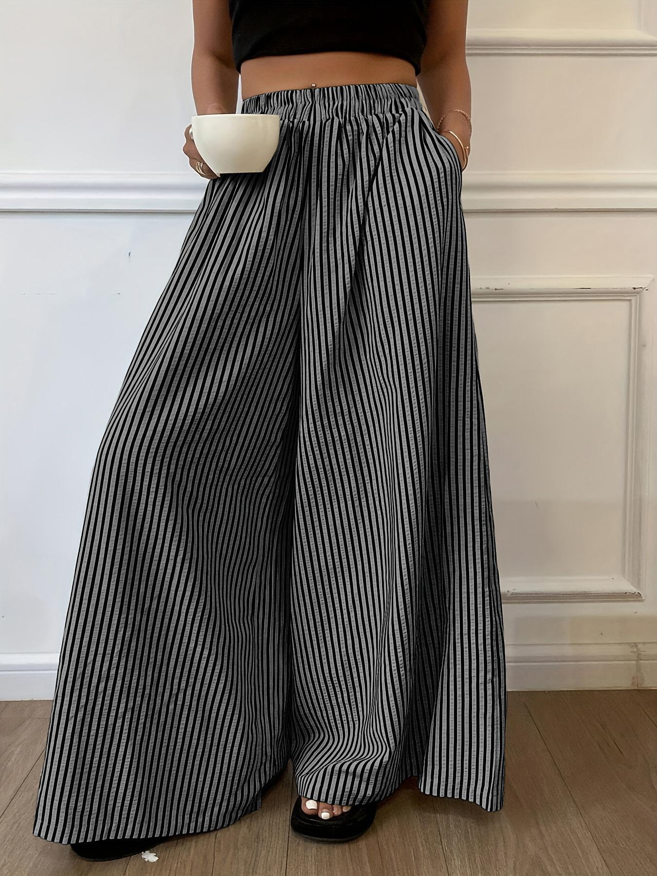 Striped elastic waist straight wide-leg pants