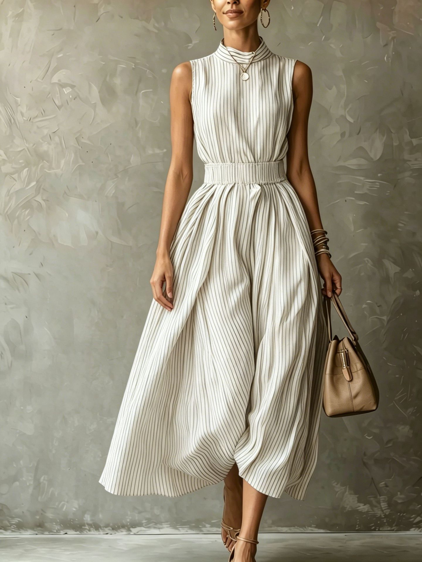 Long sleeveless striped dress with waist-cinching design