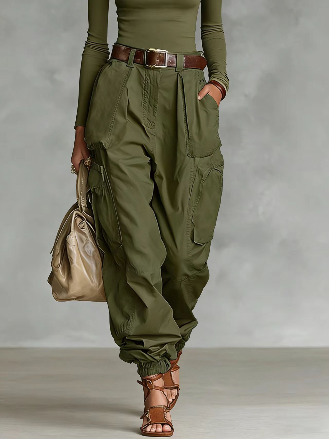 High-waist loose wide-leg cargo pants