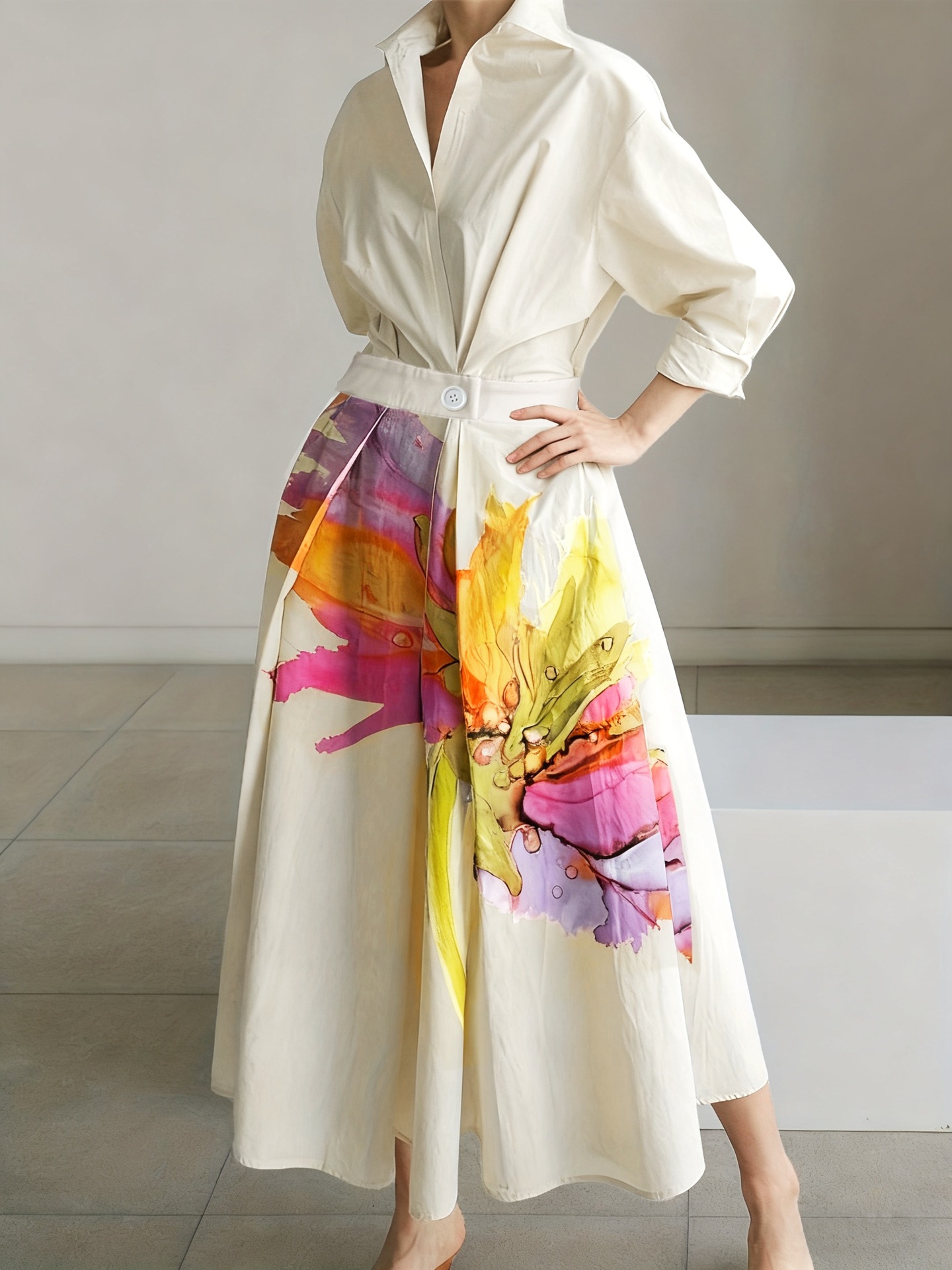 Resort-style floral print long-sleeve dress for women