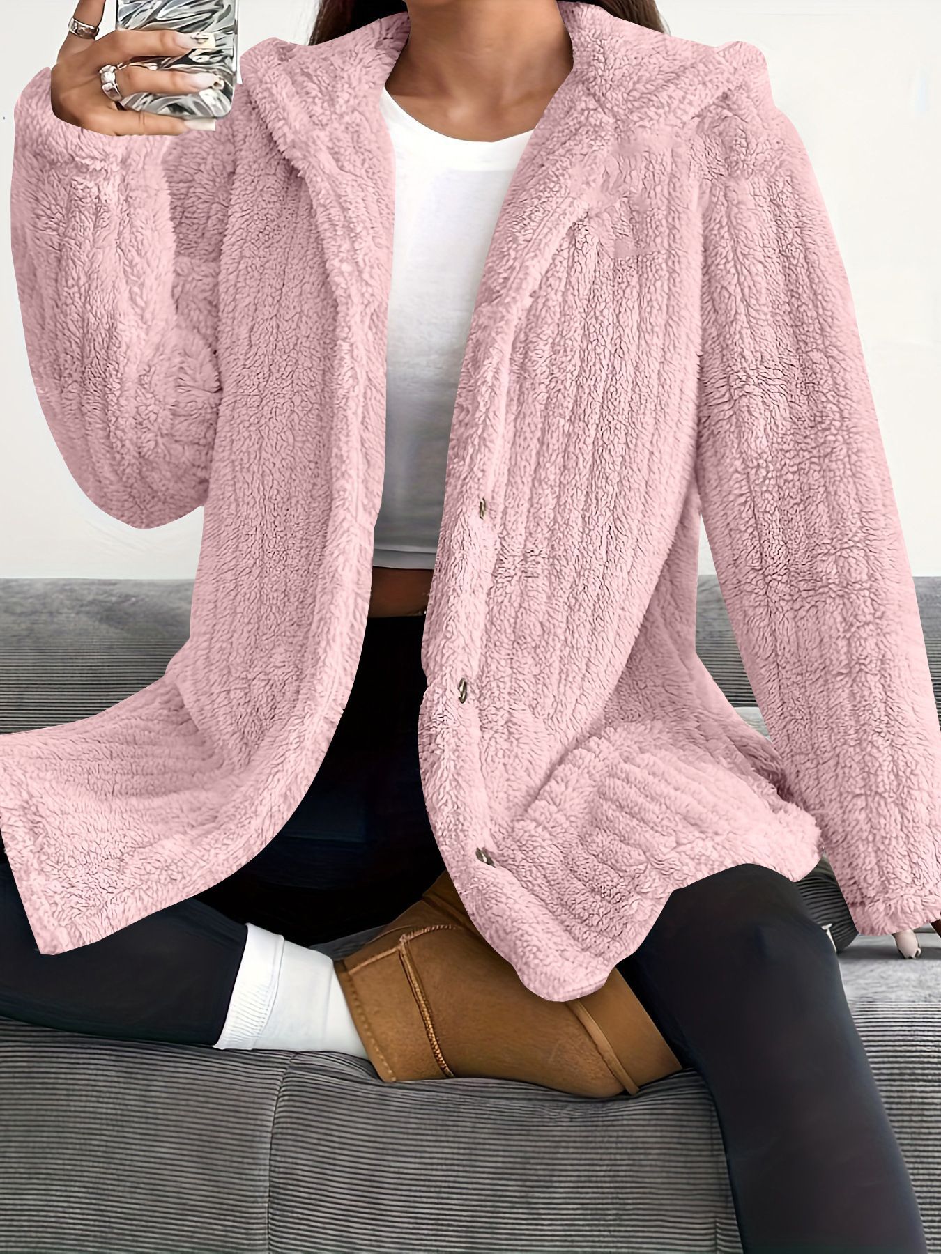 Solid color long-sleeve hooded loose fluffy coat