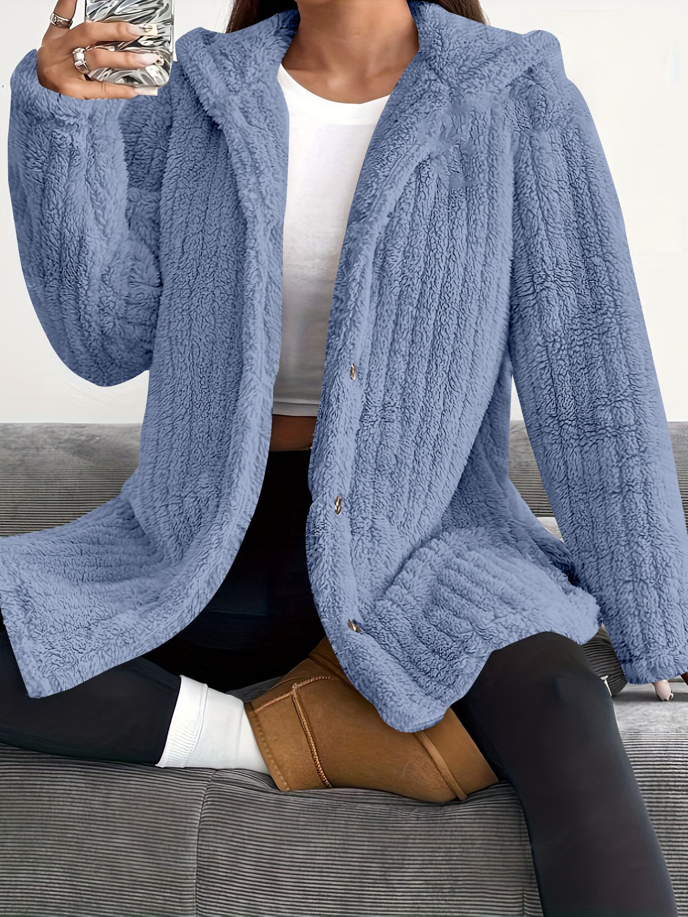 Solid color long-sleeve hooded loose fluffy coat