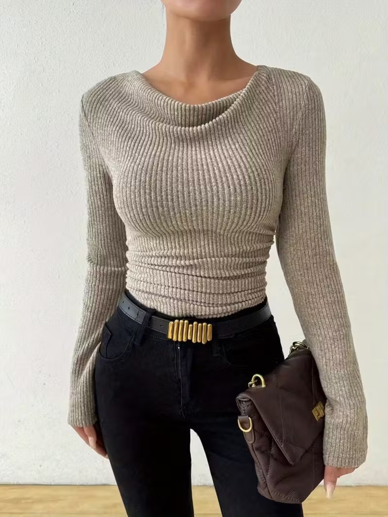 Solid color women's long sleeve knit sweater casual top