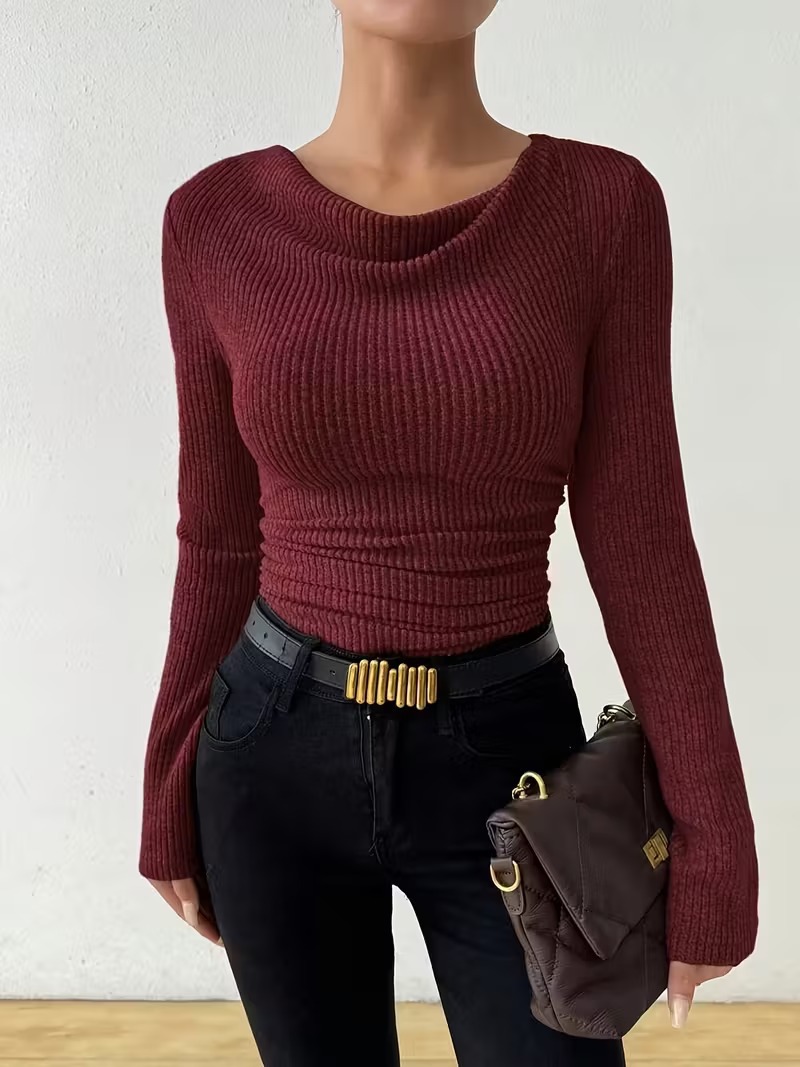 Solid color women's long sleeve knit sweater casual top