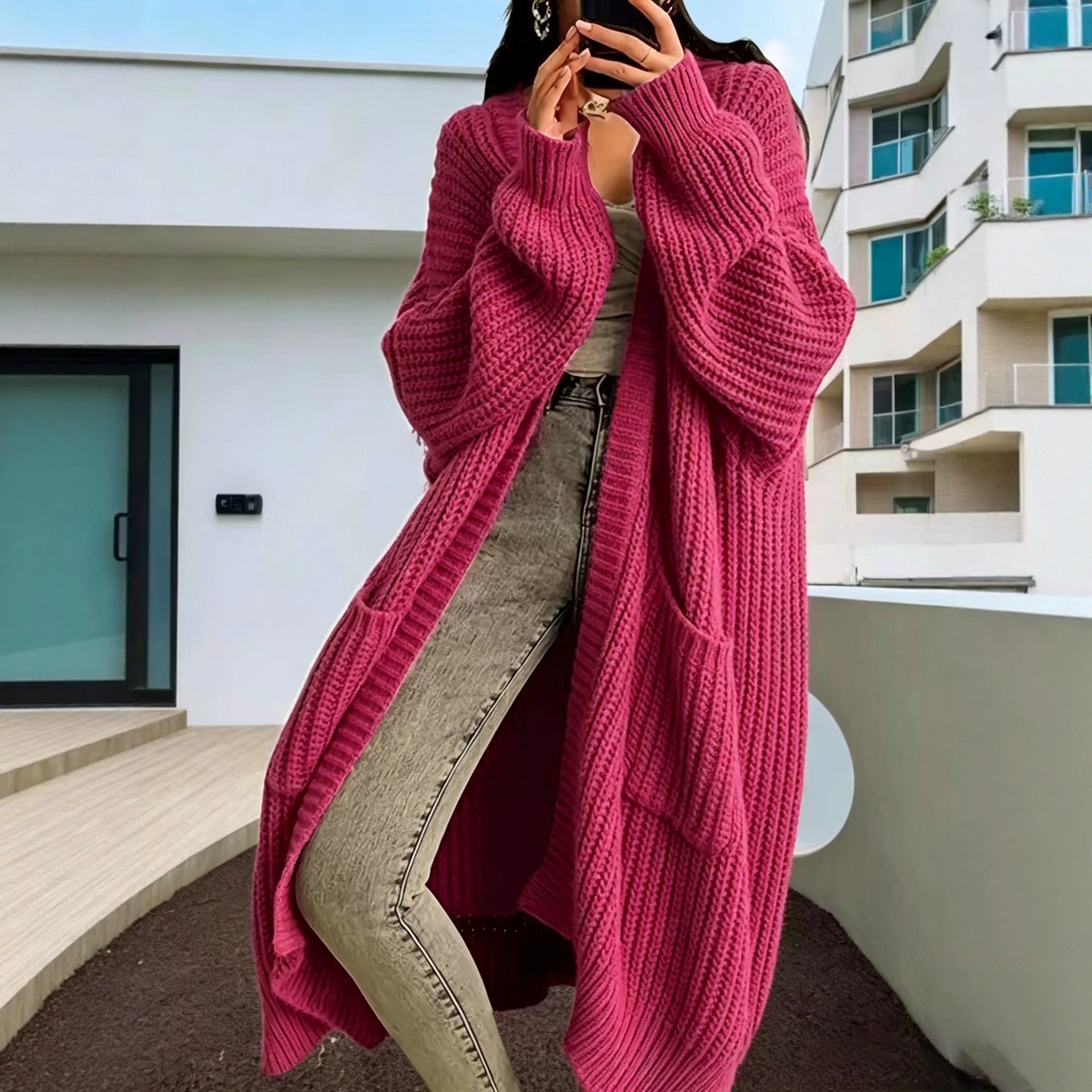 Thick knit cardigan, long-sleeve, over-knee length, relaxed fit