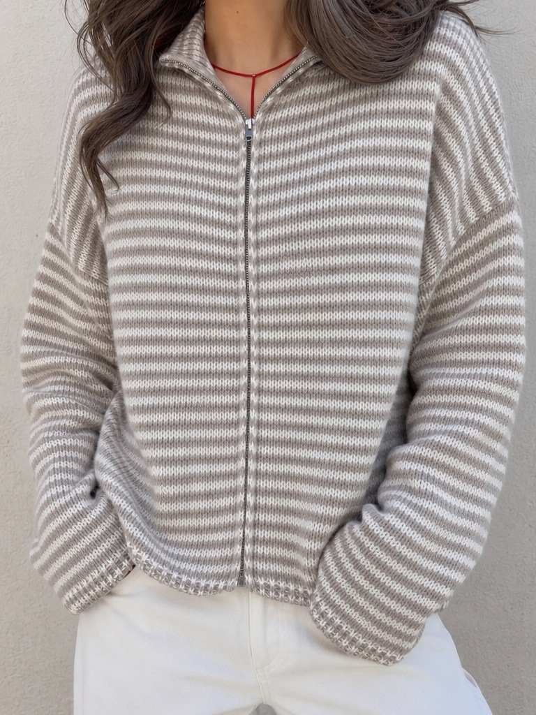 Striped Knit Zip-Up Cardigan for Commute