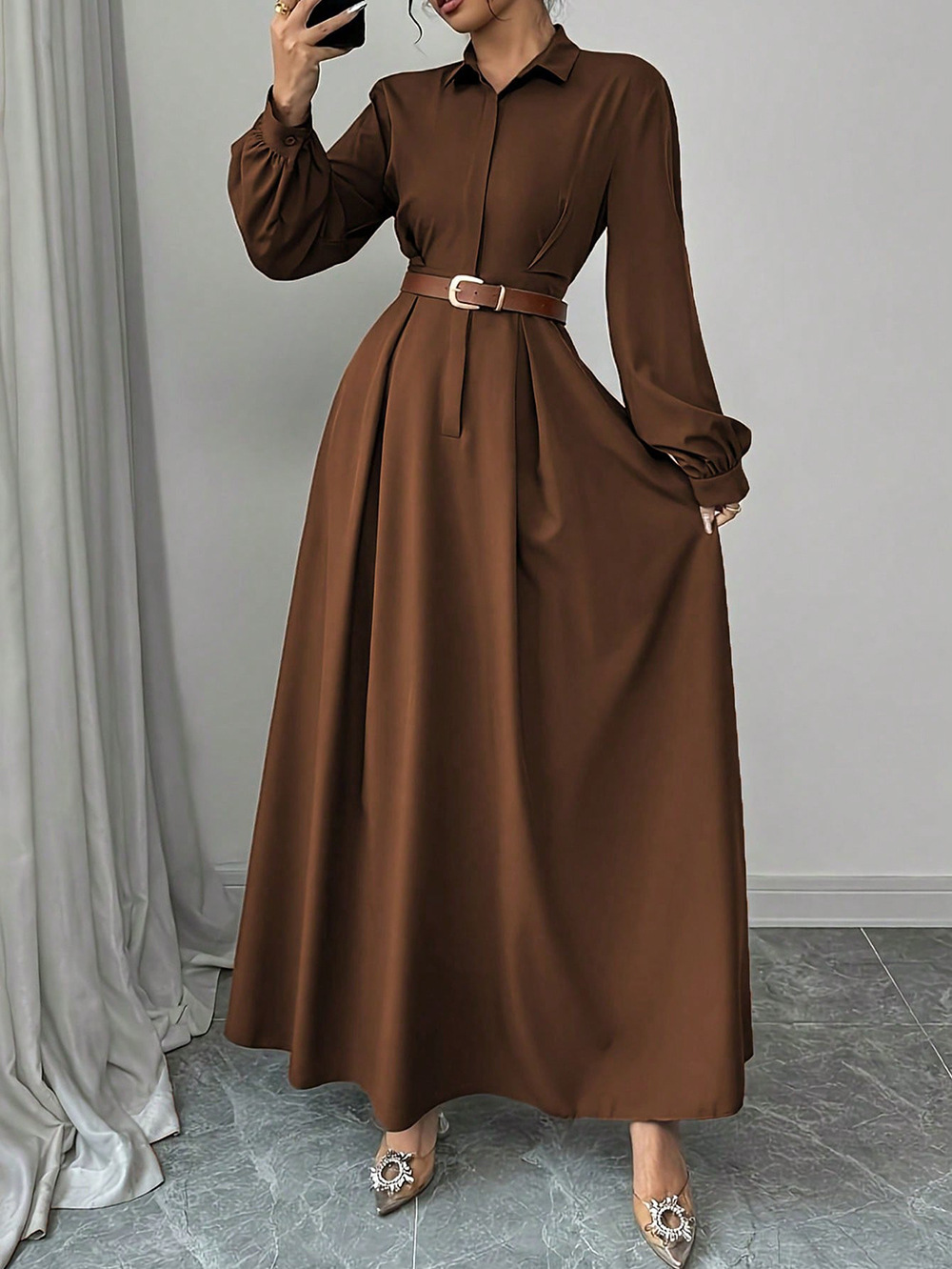 Long-sleeve dress with lapel collar and cinched waist