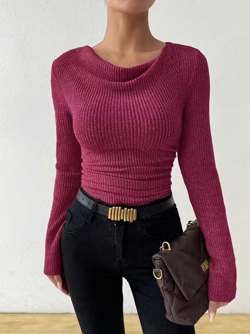 Solid color women's long sleeve knit sweater casual top