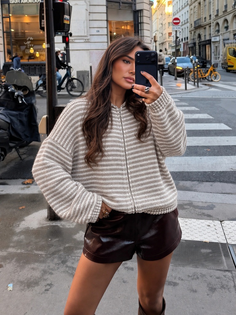 Striped Knit Zip-Up Cardigan for Commute
