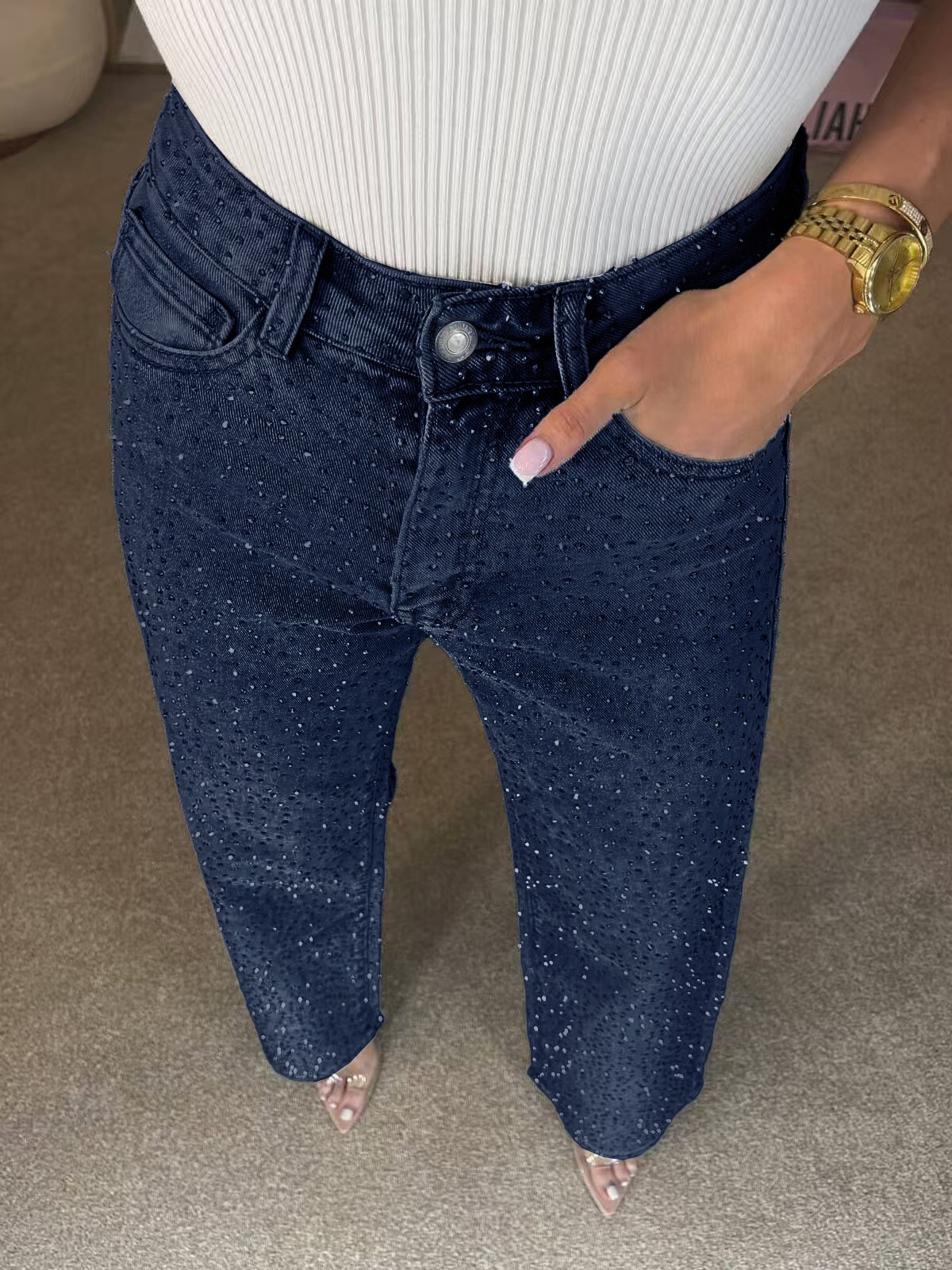 High-waist straight-leg washed jeans with rhinestone details
