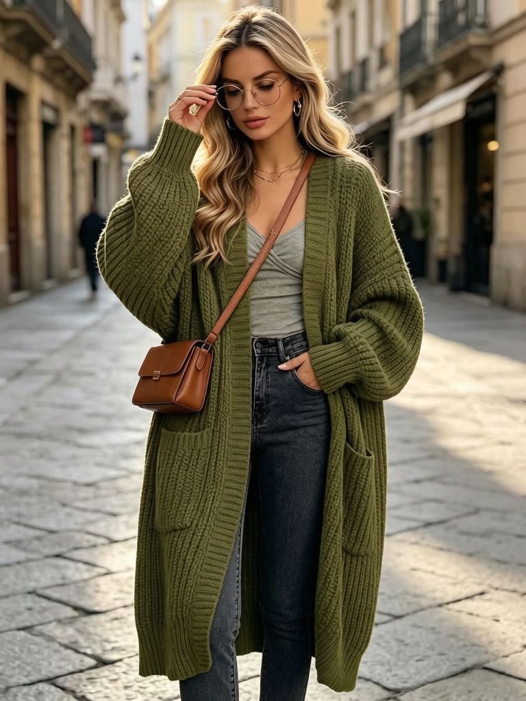 Thick cozy knee-length long-sleeve knit cardigan