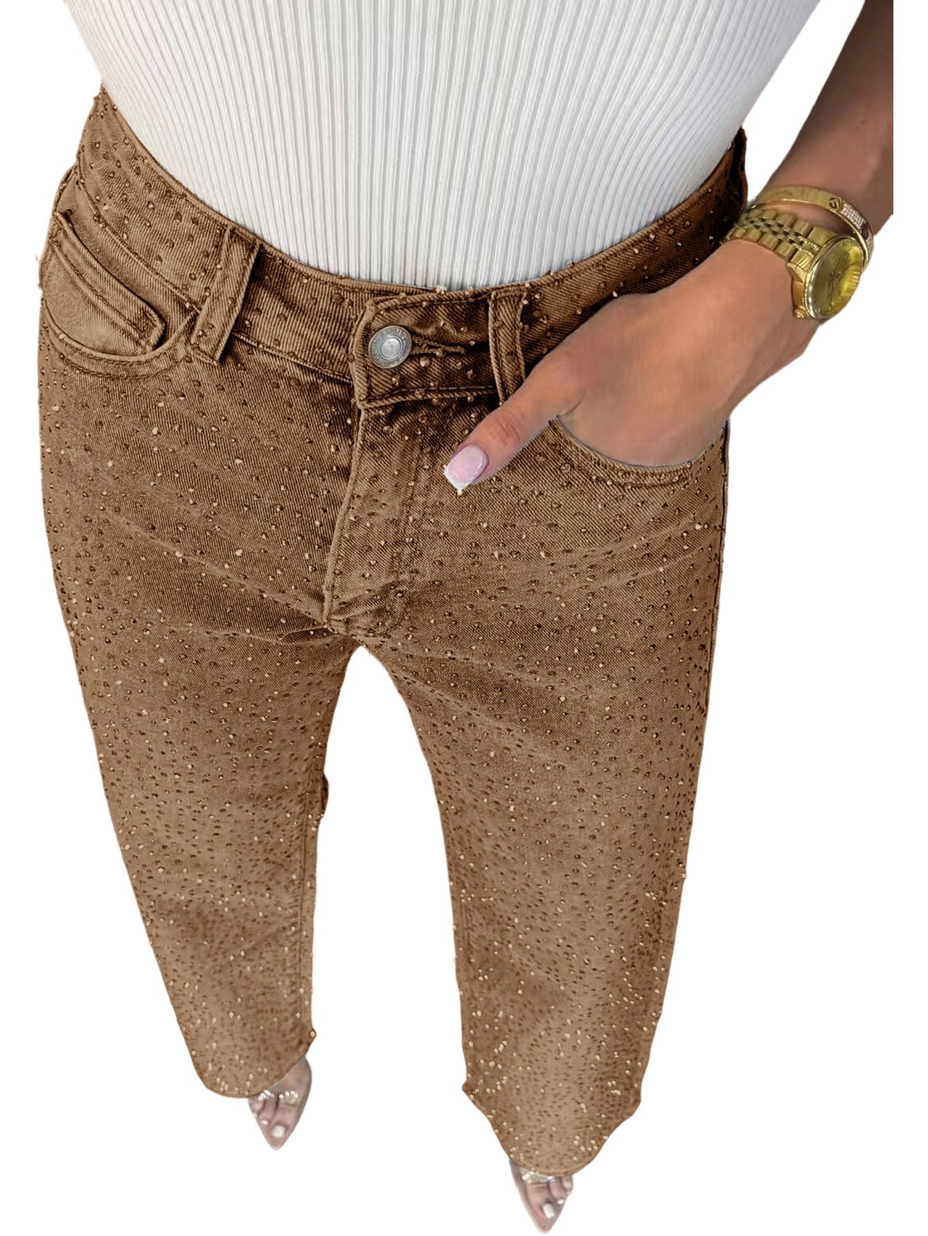 Rhinestone washed high-waist straight-leg jeans