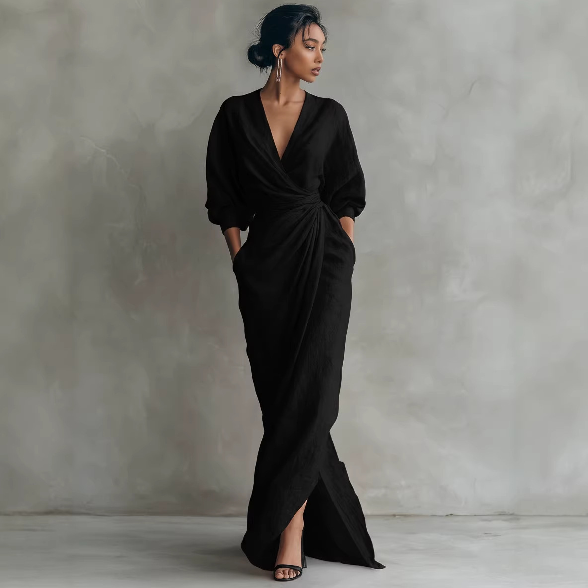 V-neck long dress with side slit, cinched waist, and pockets – vacation style