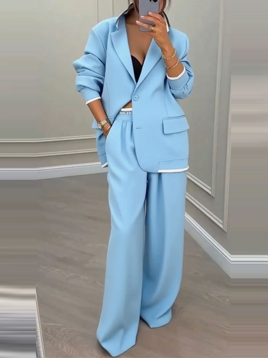 Elegant long-sleeve blazer and wide-leg pants suit set