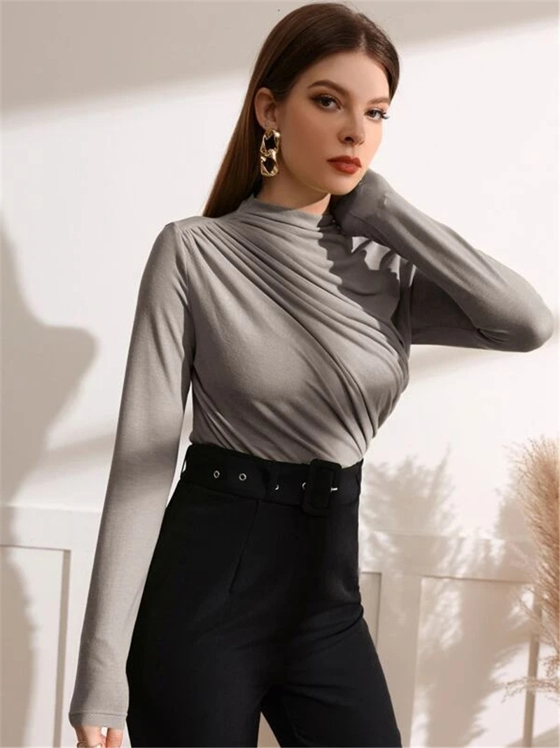 Mock Neck Long Sleeve T-Shirt with Shirred Details