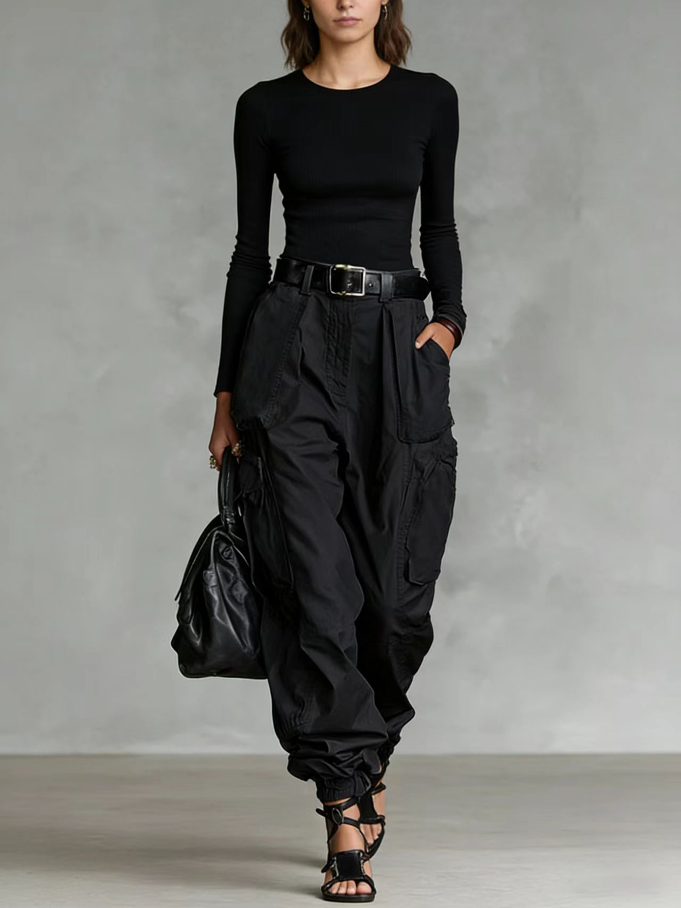 High-waist loose wide-leg cargo pants