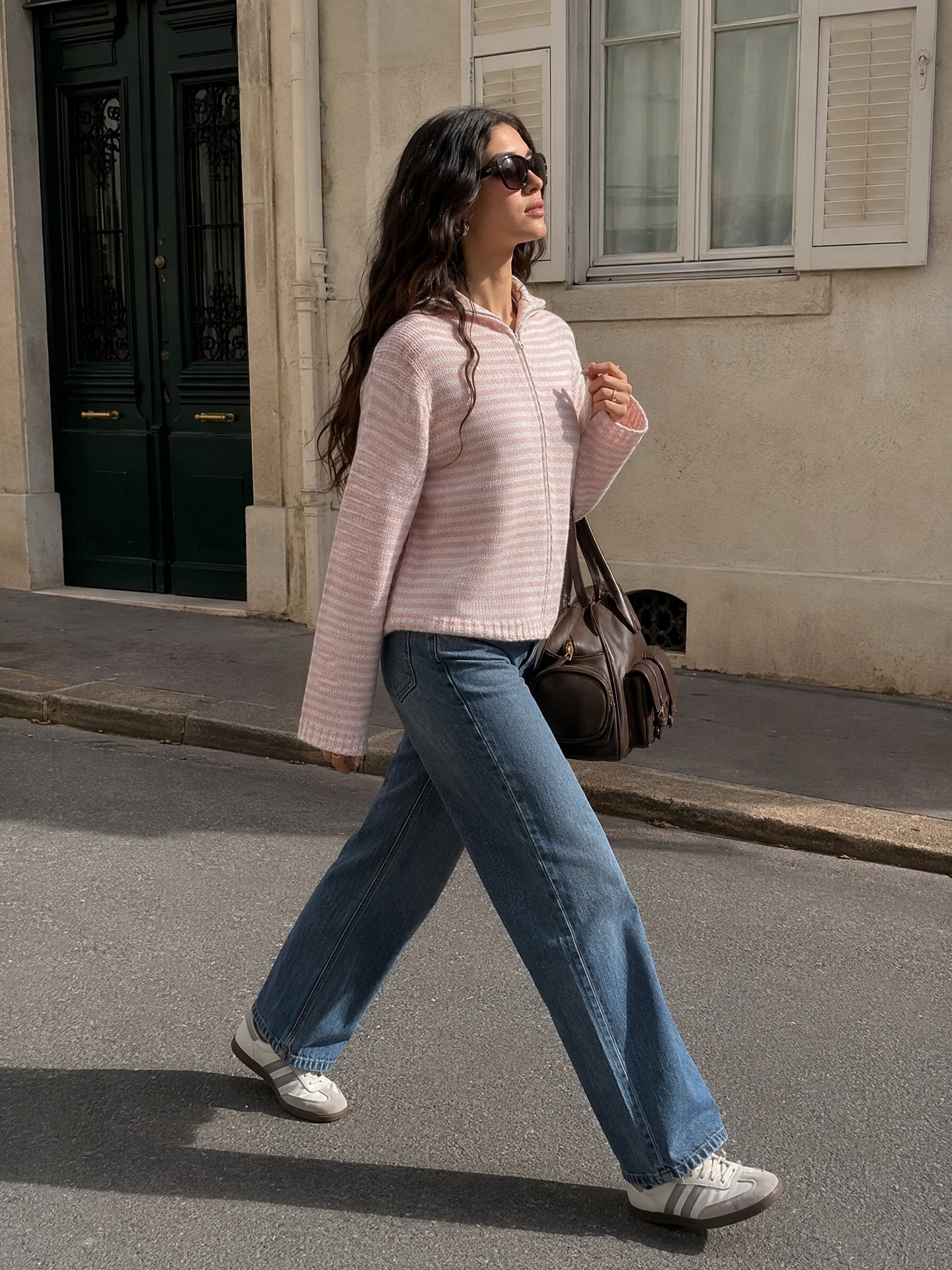 Striped Knit Zip-Up Cardigan for Commute