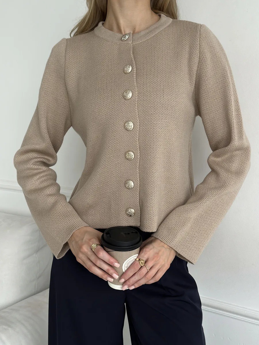 British Style Single-Breasted Round Neck Long Sleeve Knit Short Jacket