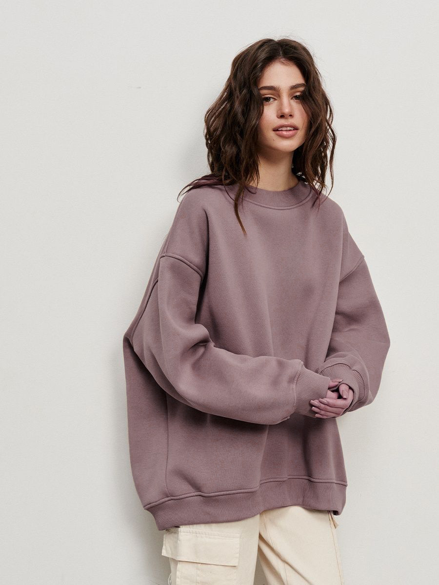 Women's oversized crew neck fleece pullover sweatshirt, solid color, street style, Fall/Winter 2026