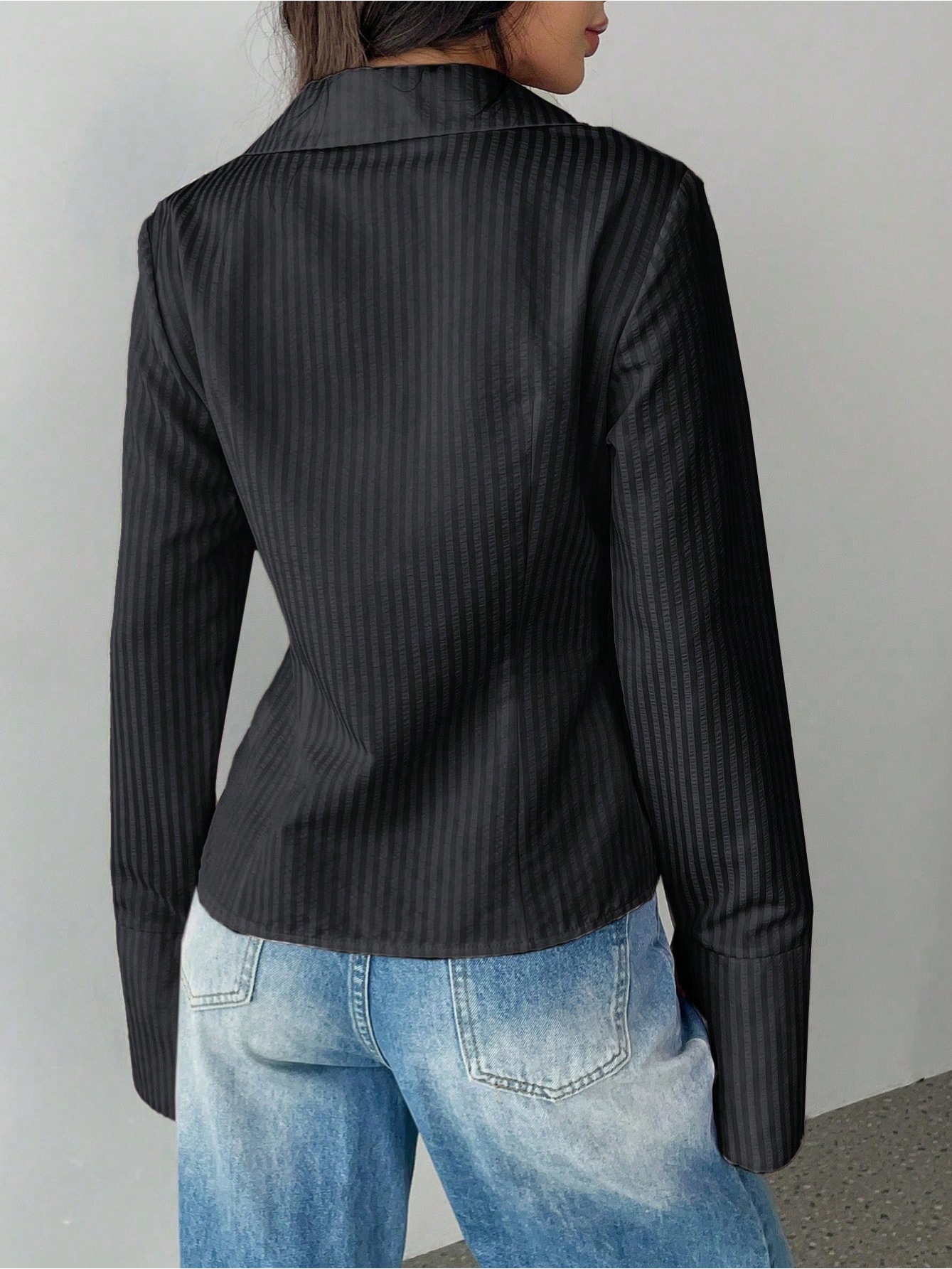 Striped Print Button-Down Elegant Long-Sleeve Shirt