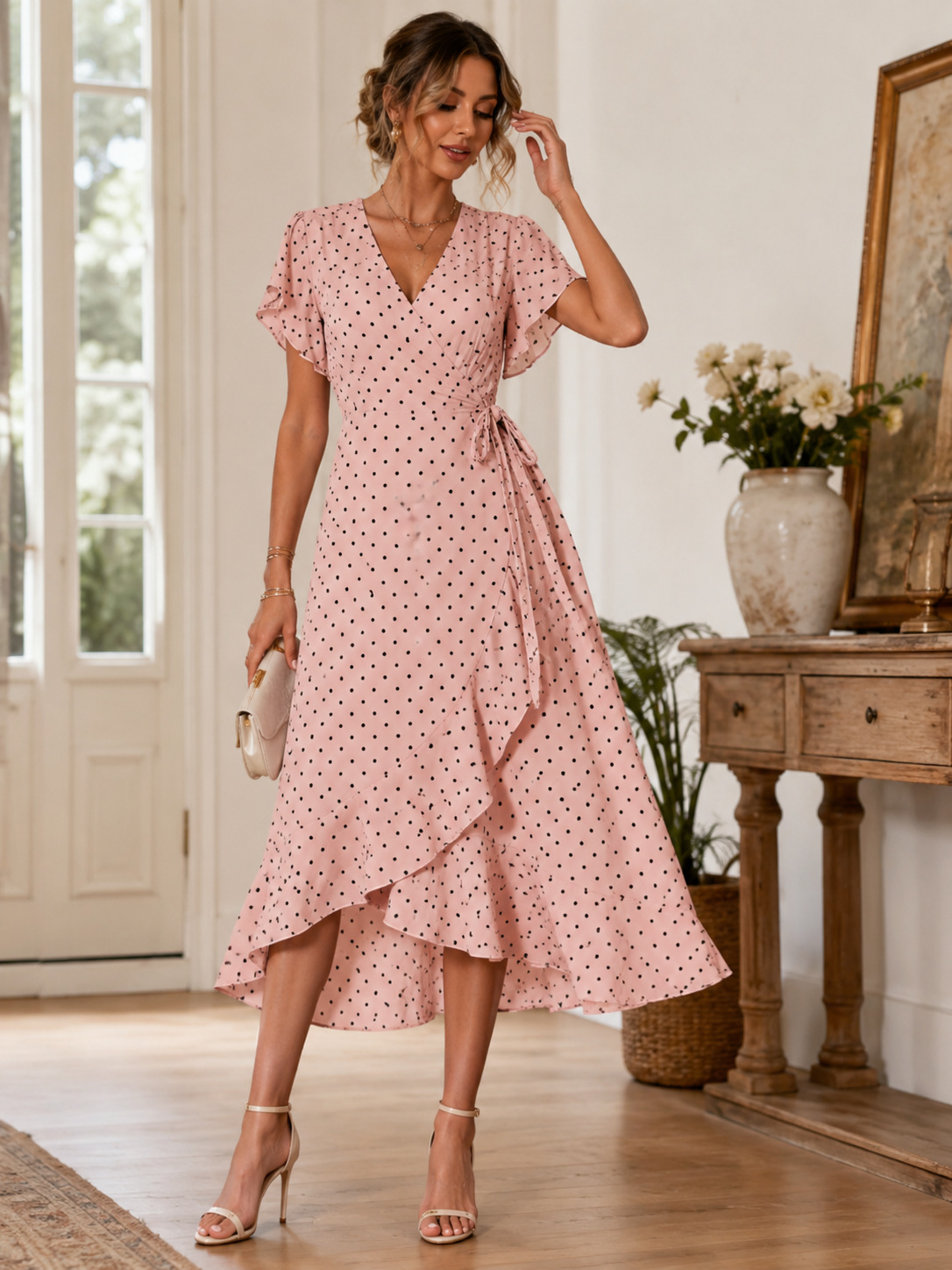 Plus size V-neck flutter sleeve dress with waist tie and asymmetrical ruffle hem