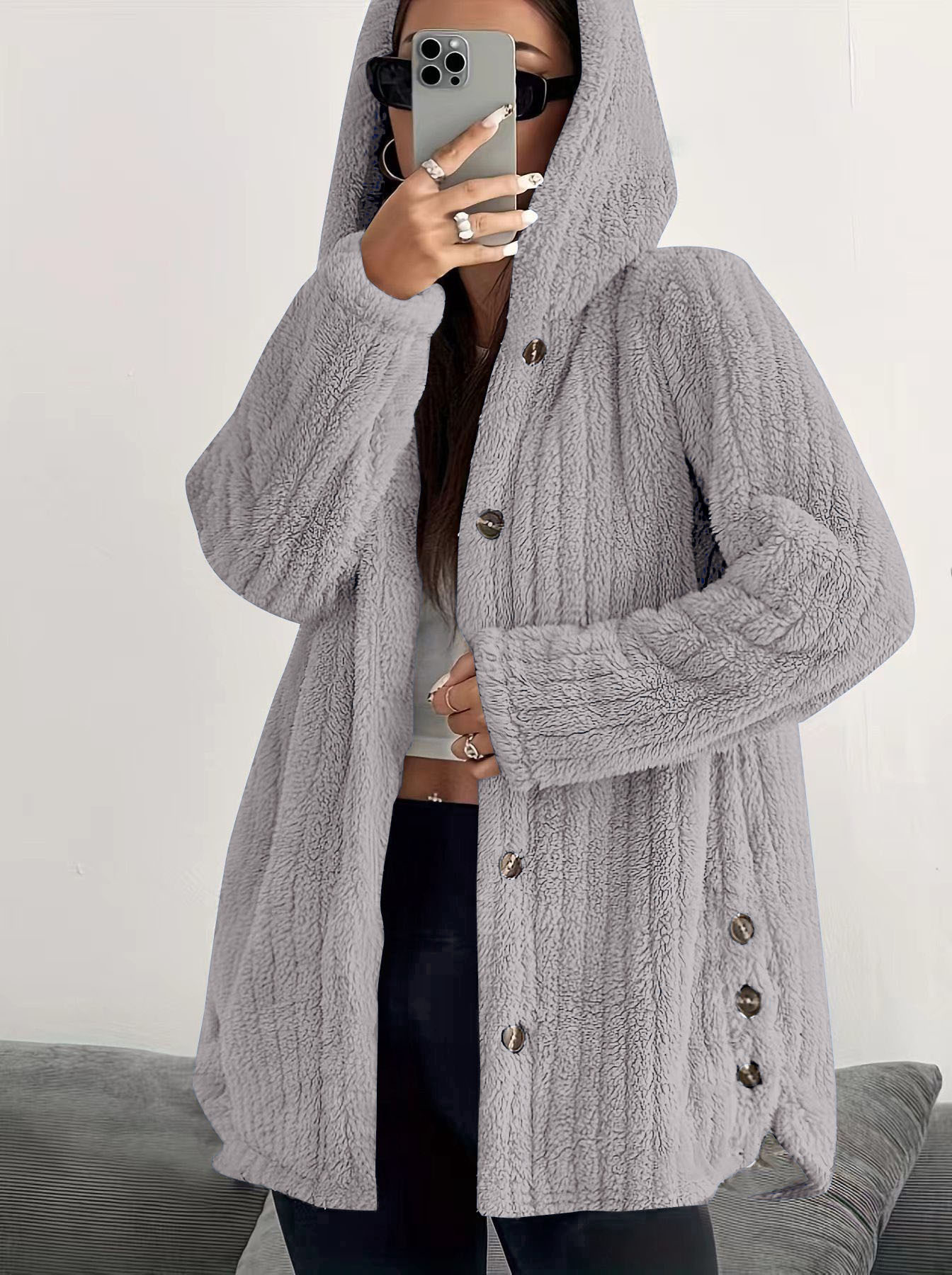 Solid color long-sleeve hooded loose fluffy coat