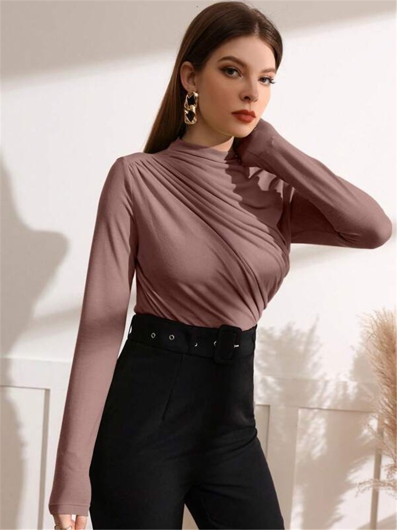 Mock Neck Long Sleeve T-Shirt with Shirred Details