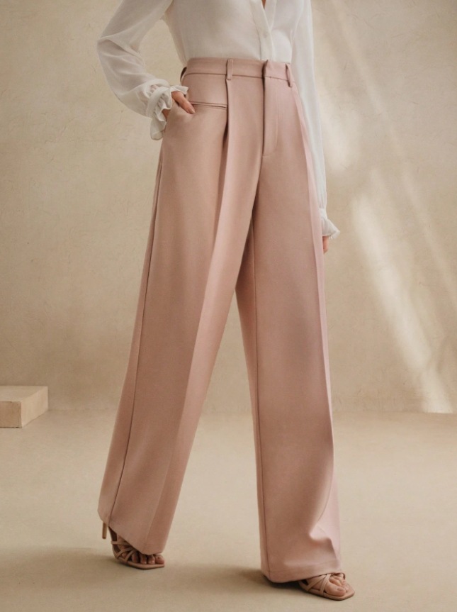 White high-waist straight-leg floor-length drape suit trousers for office commuter