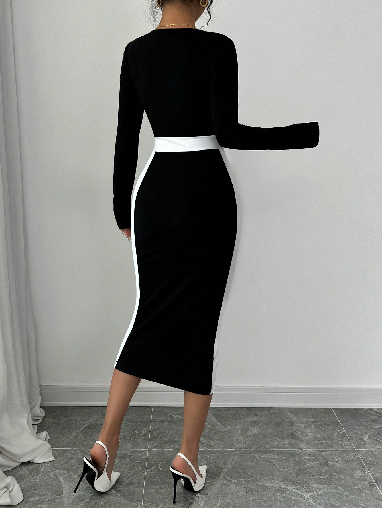 Sexy patchwork color-block midi bodycon dress with long sleeves