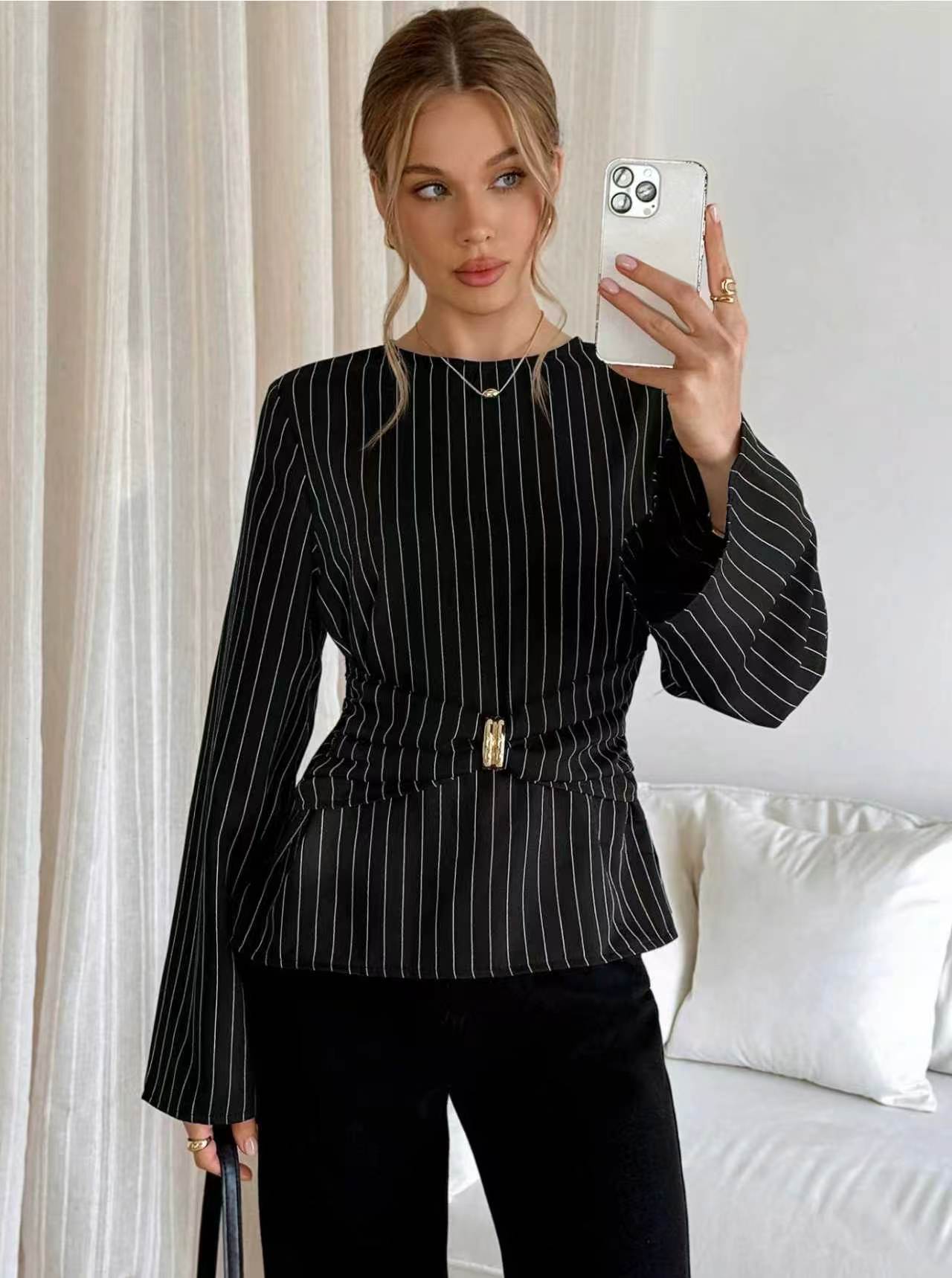 Long-sleeve striped shirt with metal waist