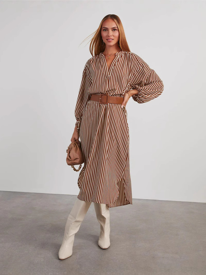 Striped long-sleeve shirt dress with V-neck and loose fit