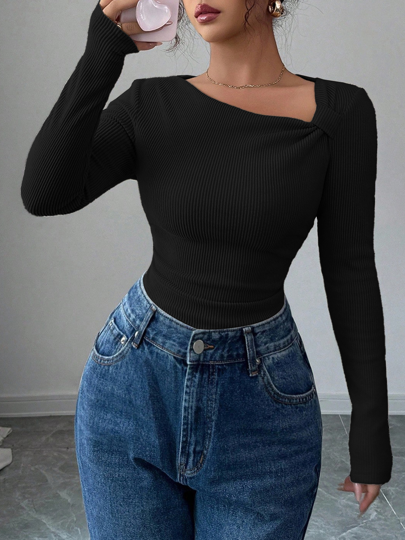 Chic Slant Neck Knitted Base Layer Top