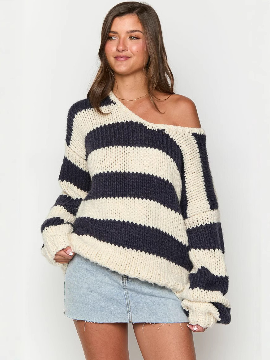 Casual Loose Off-Shoulder Striped Knit Sweater
