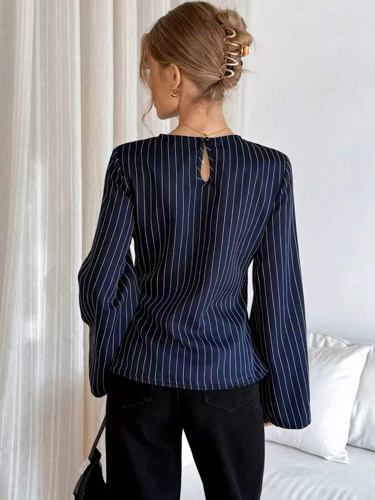 Long-sleeve striped shirt with metal waist