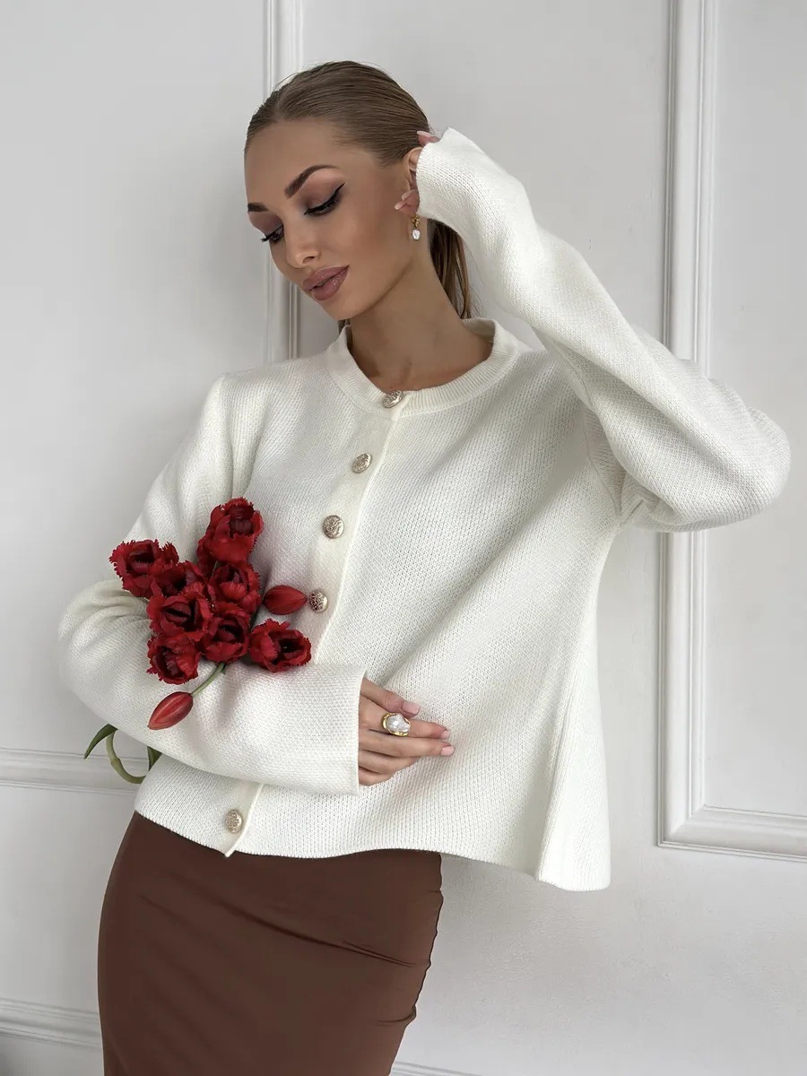 British Style Single-Breasted Round Neck Long Sleeve Knit Short Jacket