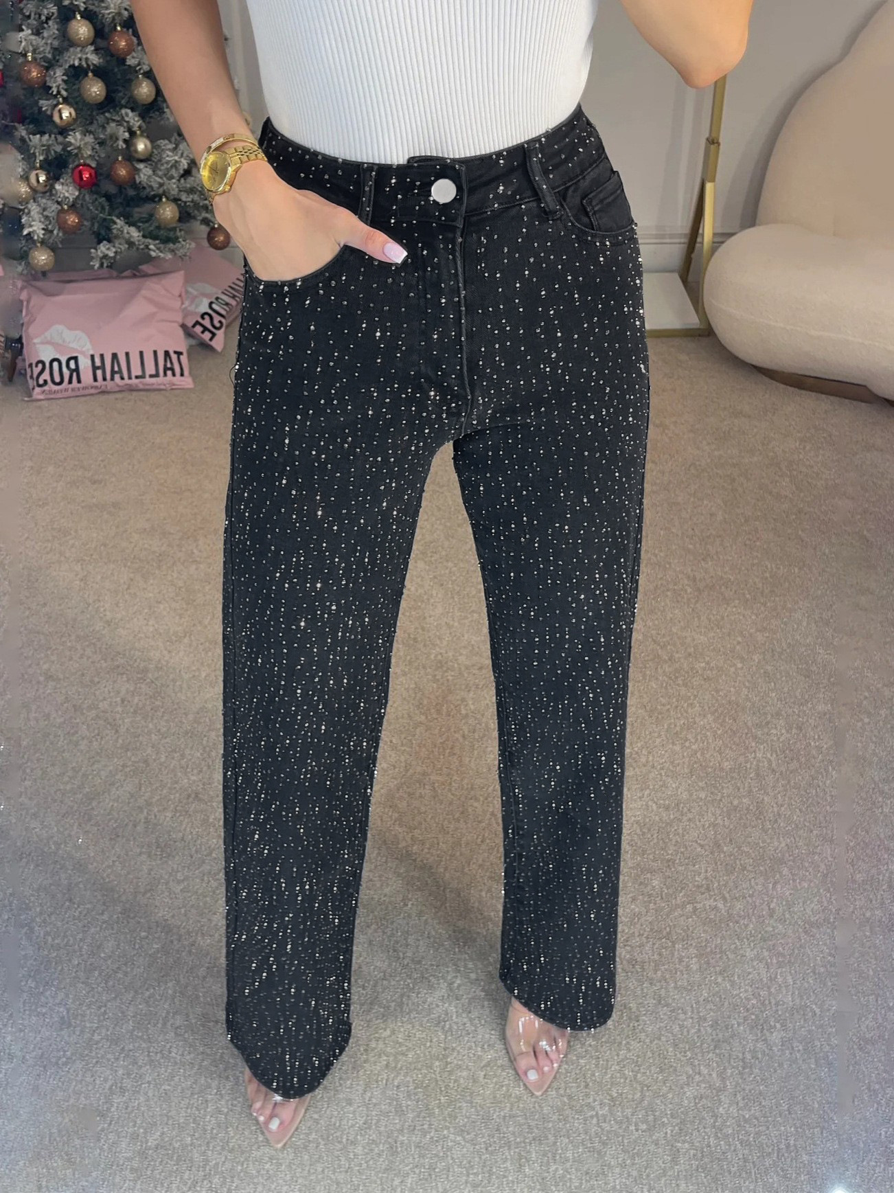 High-waist straight-leg washed jeans with rhinestone details