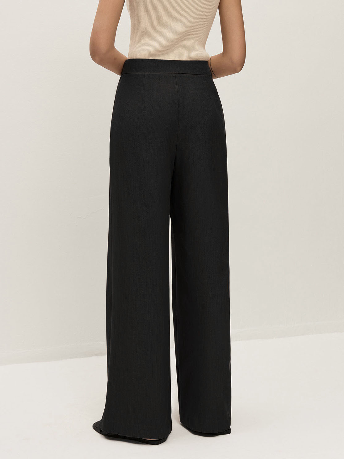 High-waist straight-leg casual trousers with zipper, drape fabric