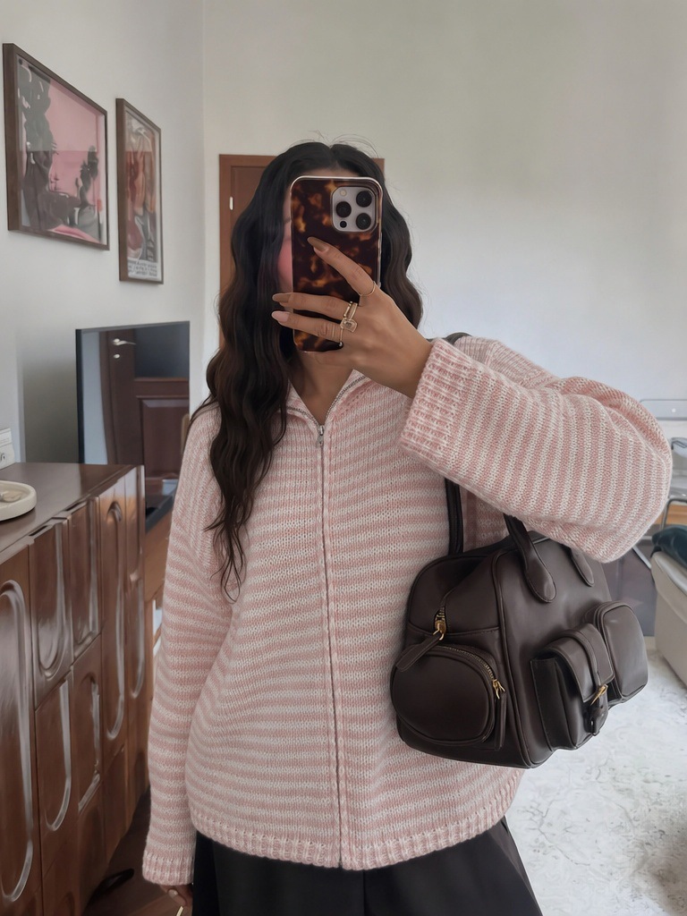 Elegant striped knit zip-up cardigan