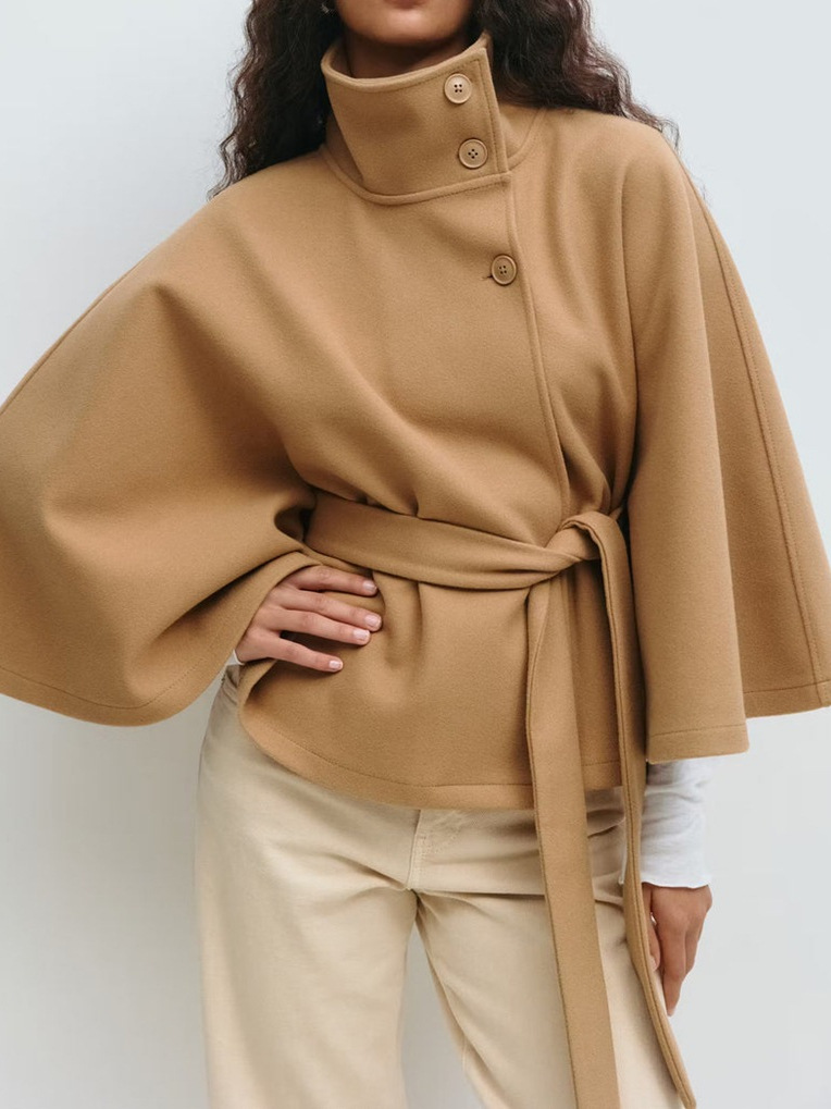 Solid color cape with stand collar, button and belt trench coat
