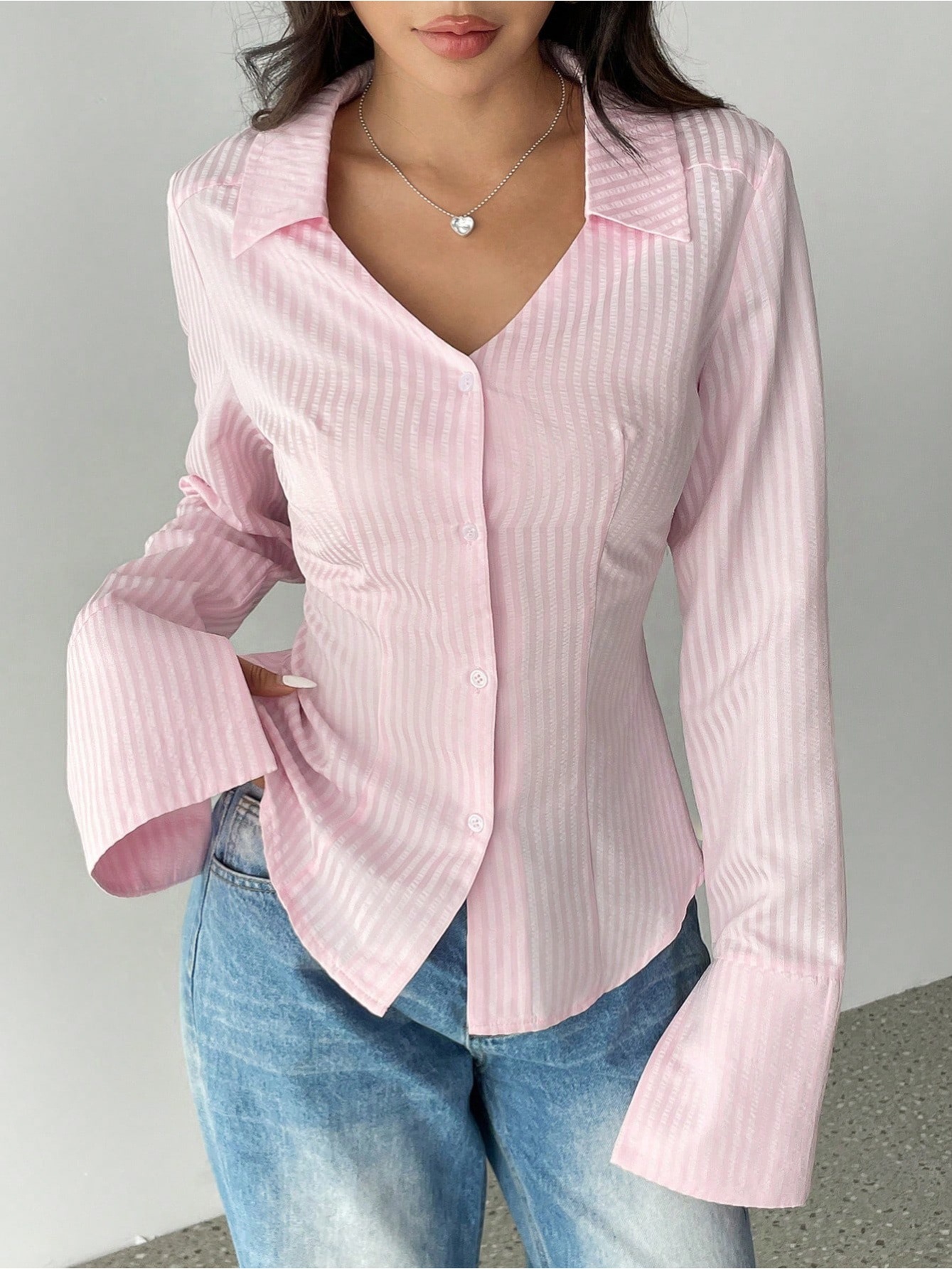 Striped Print Button-Down Elegant Long-Sleeve Shirt