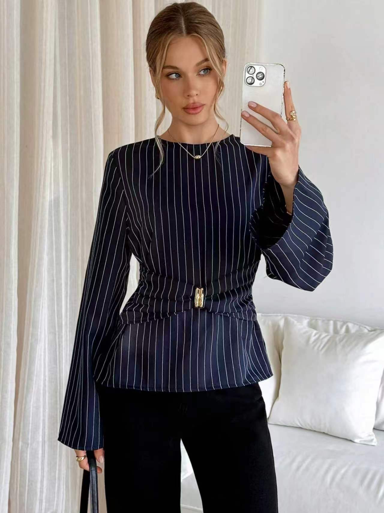Long-sleeve striped shirt with metal waist