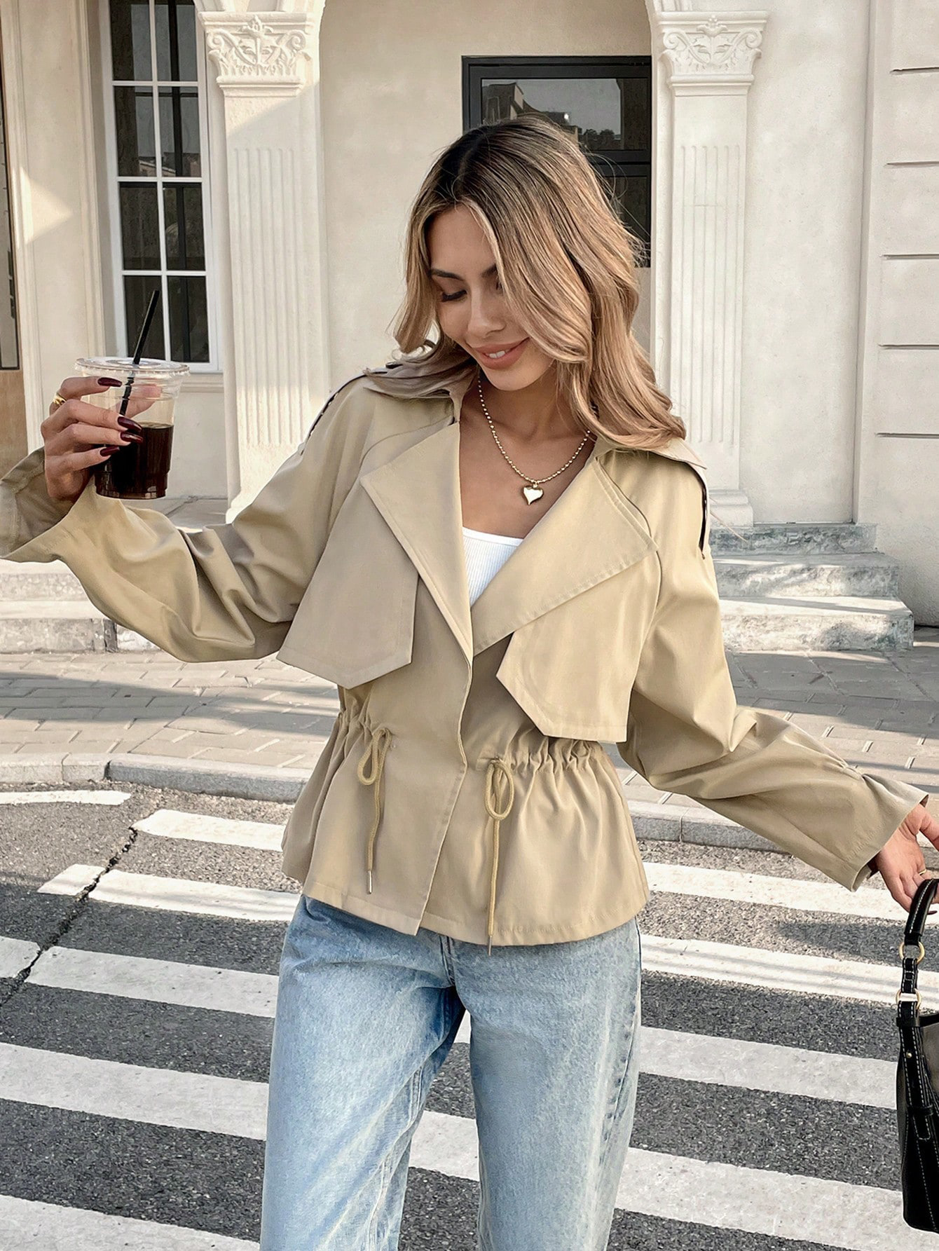 Lapel Collar Waist-Cinching Drawstring Slimming Short Trench Coat