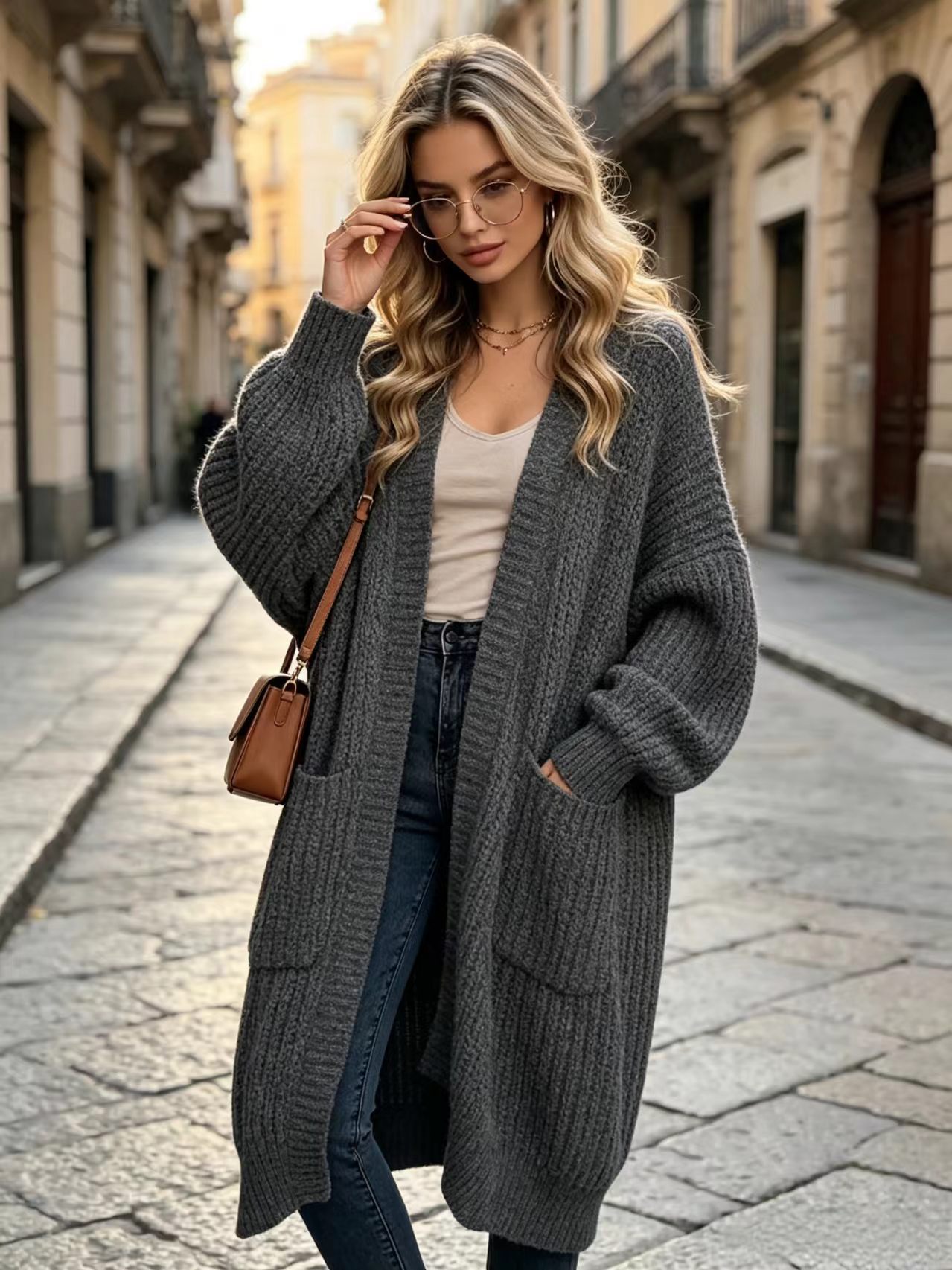 Thick knit cardigan, long-sleeve, over-knee length, relaxed fit