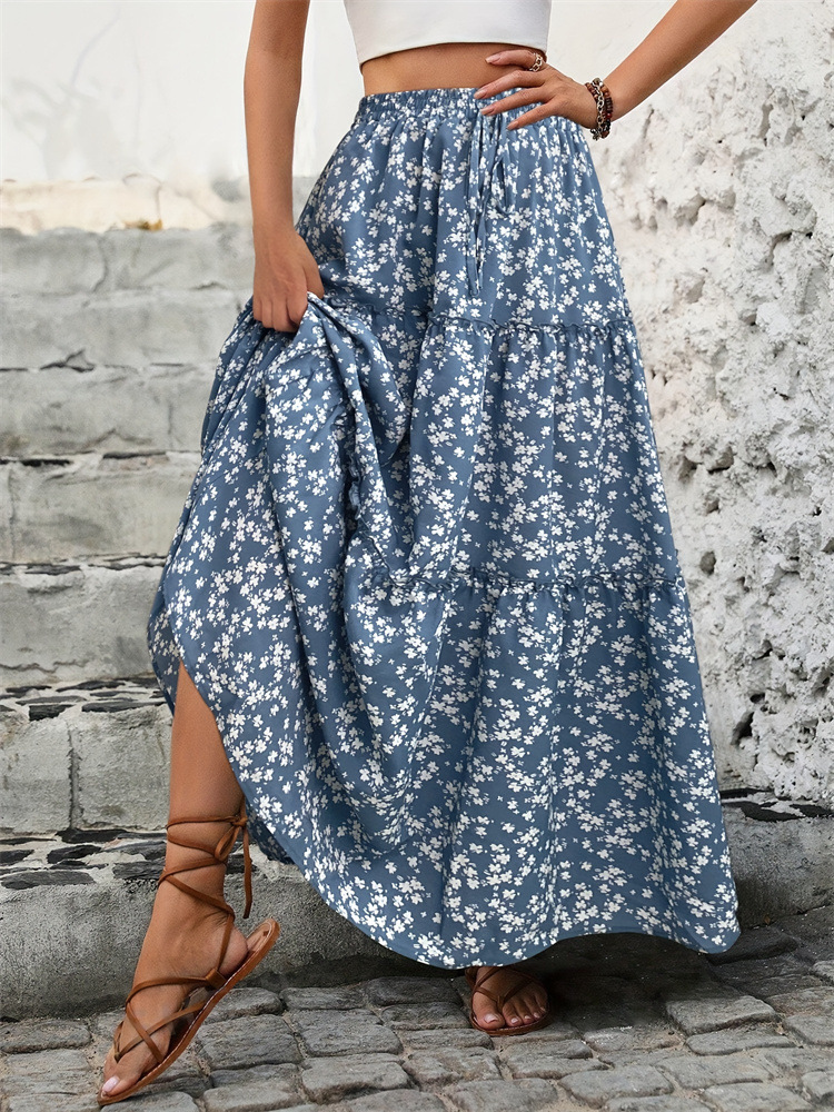Floral print three-tier maxi skirt