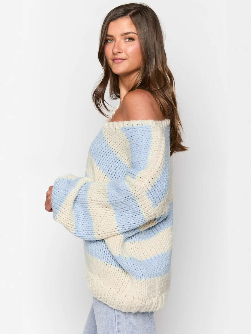 Casual Loose Off-Shoulder Striped Knit Sweater
